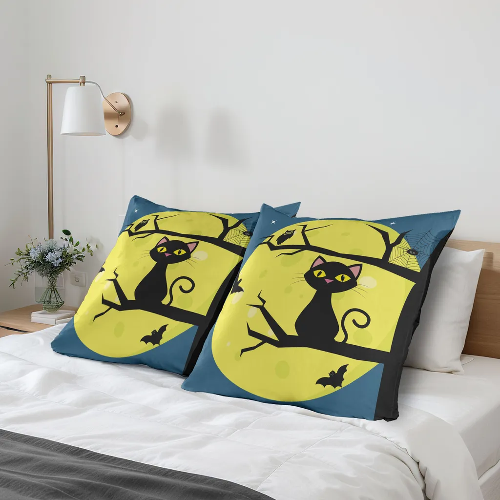 ABAKUHAUS Fodera per cuscino Halloween Confezione da 2, gatto e gufo su un ramo di albero con luna piena, fodera per cuscino decorativa stampata, 80x80 cm, blu petrolio e giallo