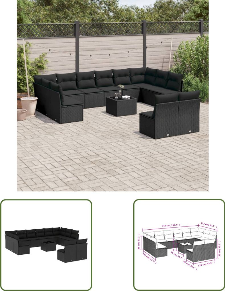 The Living Store 13-tlg. Garten-Sofagarnitur mit Kissen Schwarz Poly Rattan