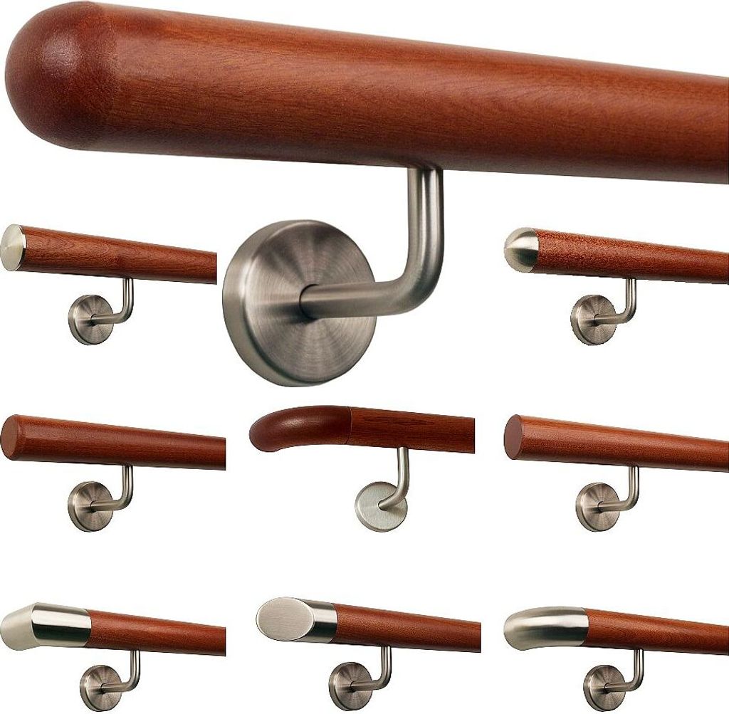 TIBU Mahagoni Holz Handlauf Geländer 0,3m - 5m, Länge 400 cm, Ende Halbkugel gefräst und 5 gewinkelte Halter