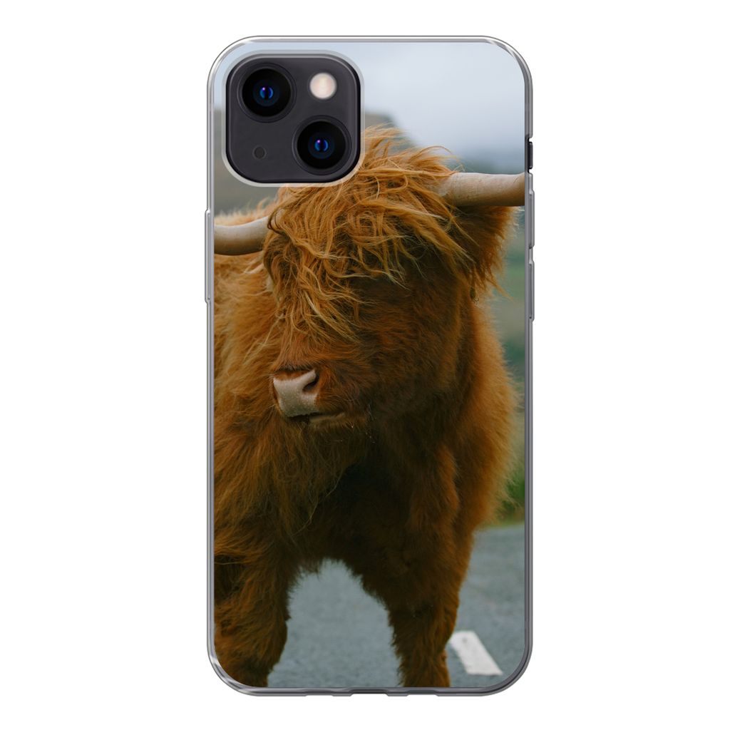 MuchoWow Handyhülle Schutzhülle Hülle für iPhone 13 mini Schottischer Highlander - Berg - Straße Silikon Softcase Handy Hülle - Softcase