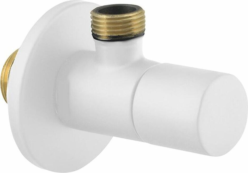 A white angle valve with brass fittings against a white background.