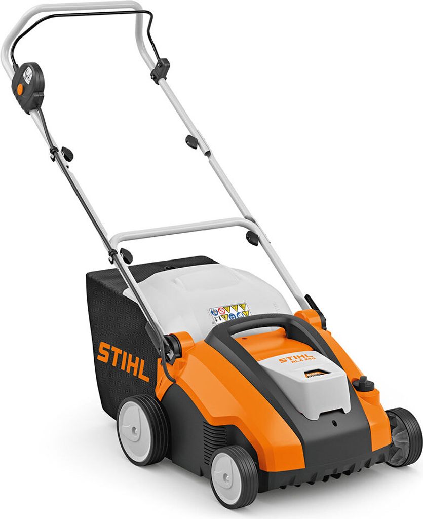 A product shot of a Stihl lawn aerator on a white background.