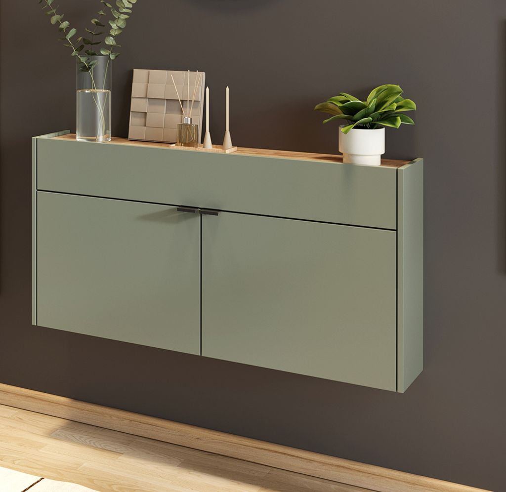 Flurschrank Schuhschrank 110cm in grün mit Eiche ABERDEEN-01 ideal für schmale Flure, B/H/T ca. 110/57/22 cm