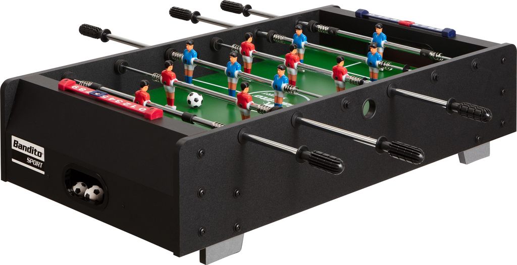 A black Bandito foosball table with red and blue players, a white soccer ball, and a score counter.