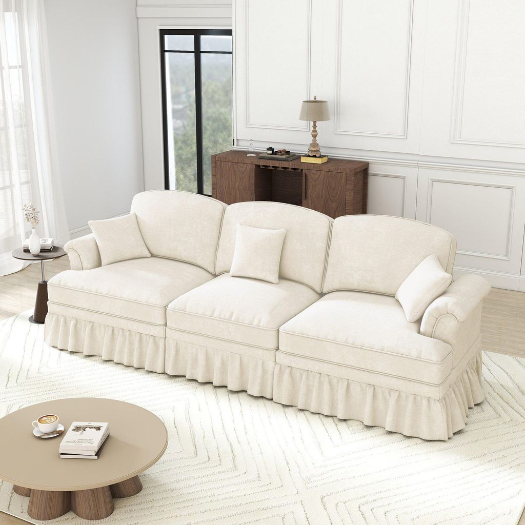 Sofa Modulares Mid-Century Sofa mit Bettfunktion – Sofas Wohnzimmer Elegantes 3-Sitzer Chenille-Sofa mit Rüschenrock & Moduldesign