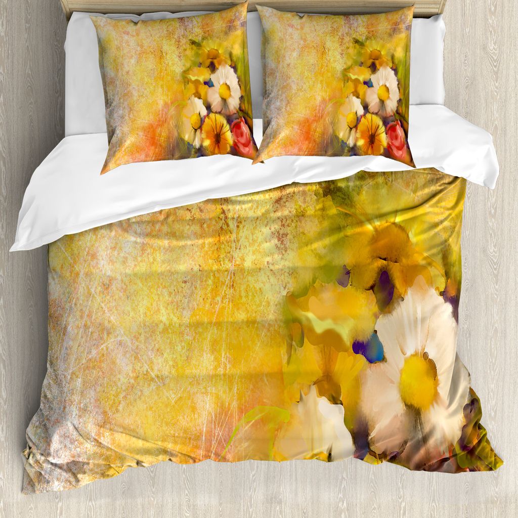 ABAKUHAUS Gelbe Blume Bettbezug, Rosen-Malerei, Milbensicher Allergiker geeignet mit Kissenbezügen, 200 cm x 200 cm - 80 x 80 cm, Senf orange