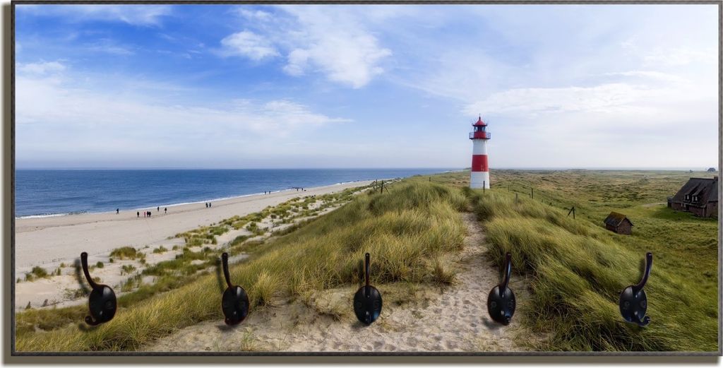 Wallario Flurgarderobe Wandgarderobe aus Holz, mit 5 Haken, Größe 80 x 40 cm, Motiv Am Strand von Sylt Leuchtturm auf der Düne Panorama