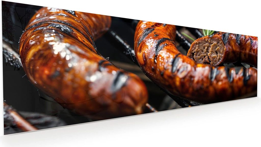 Glasbild 120x40cm in XXL für Wohnzimmer, Schlafzimmer Motiv Grillwurst B B Q