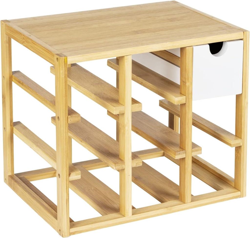 Weinregal - Hochwertiges Regal für maximal 8 Flaschen - Mit Schublade und integriertem Korkenzieher-Ausgießer - Natürliches Bambus/MDF - 335 x 2...