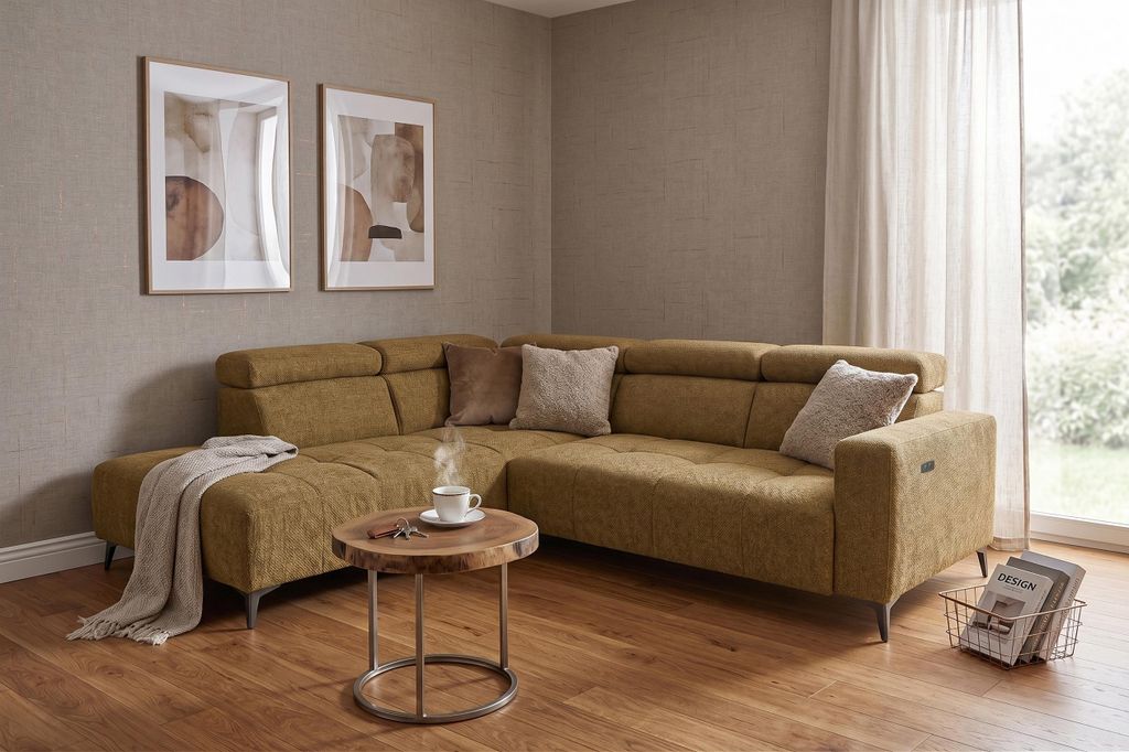 Eine Ikone des modernen Komforts: Ecksofa „Velvet“, elektrische Relaxfunktion, verstellbare Kopfstützen, USB-Anschluss