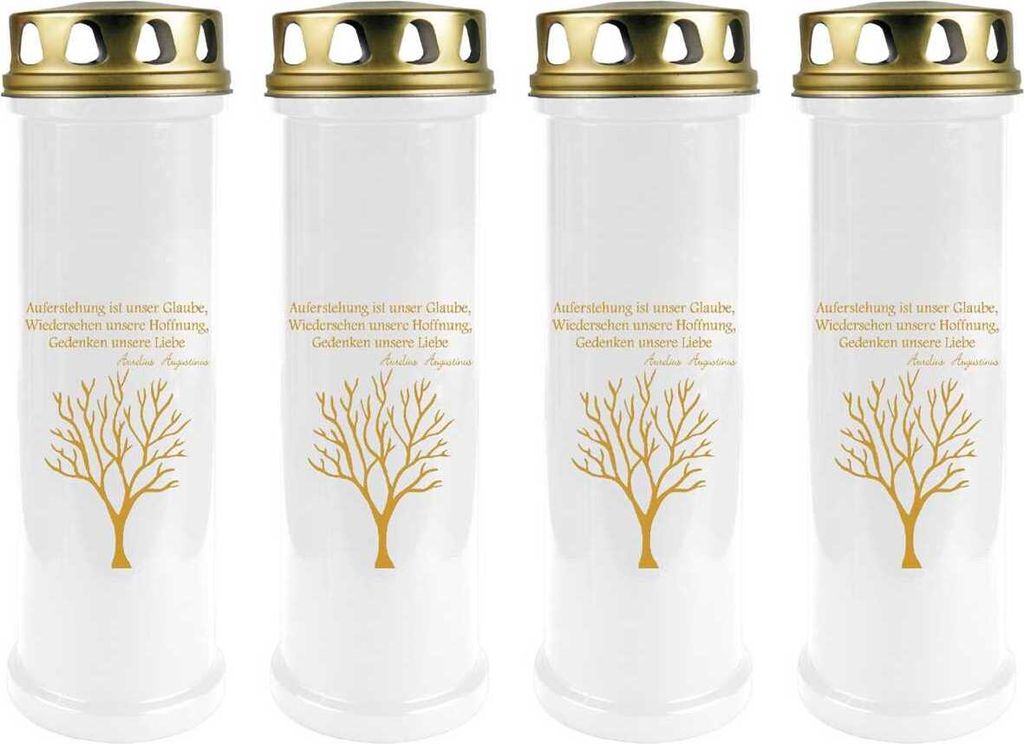 Grabkerze Weiß 4er Pack ( Druck Gold ), 100 Stunden/Kerze, Motiv: Baum