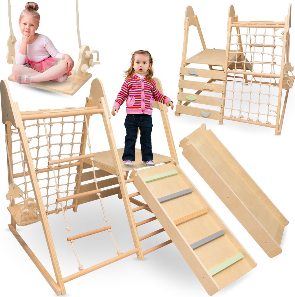A collage of images showing a wooden indoor playground set for children, with children interacting with it.