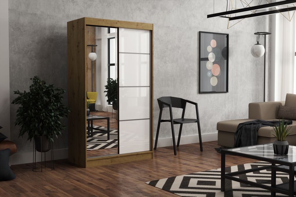 Brent - Kleiderschrank mit Spiegel Suzan, Schlafzimmerschrank mit 1 Kleiderstange und Einlegeböden für Kleidung, 120x215x60 cm, Artisan Eiche