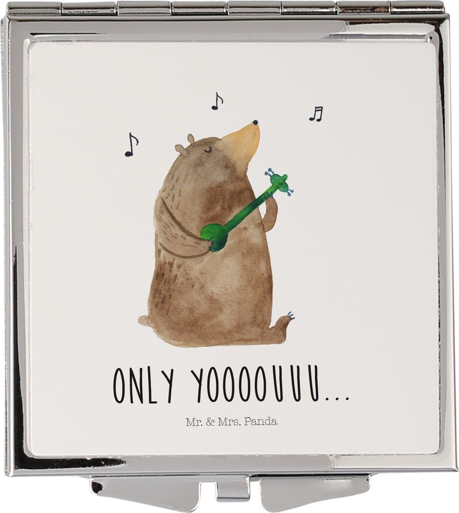 Mr. & Mrs. Panda Taschenspiegel Bär Gitarre - Weiß - Geschenk, Quadratischer Spiegel, Kosmetikspiegel, Teddy, klappbar, Klappbarer, Schminkspiegel