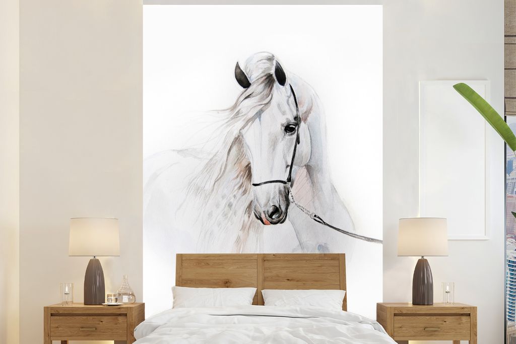 MuchoWow Fototapete für Wohnzimmer oder Schlafzimmer Wandtapete Vinyl Motivtapete Pferd - Aquarell - Tiere - Weiß - 200x300 cm - Kindertapete -...