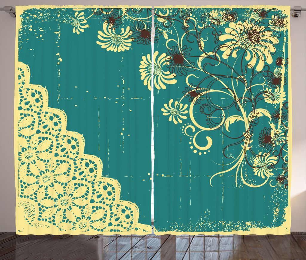 ABAKUHAUS Abstrakt Rustikaler Vorhang, Retro-Flora-Spitze-Rahmen, Wohnzimmer Universalband Gardinen mit Schlaufen und Haken, 280 x 225 cm, Jadegrü...