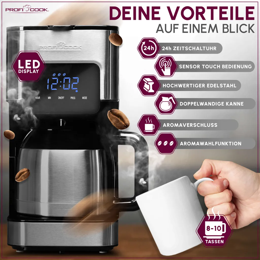 Cafetière programmable PC-KA 1191 Profi Cook inox avec écran digital - 13