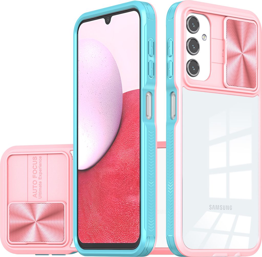 Hülle für Samsung Galaxy A14 5G/4G Transparent TPU Bumper Schutzhülle mit Schiebe Kamera Schutz Pink