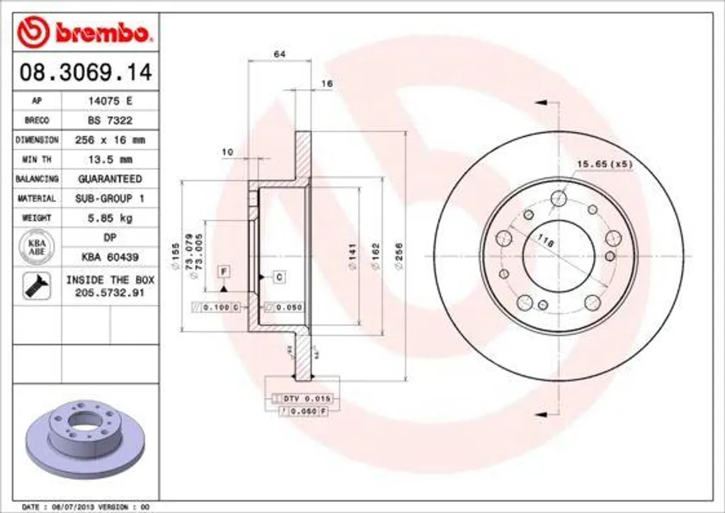 Disque de Frein Brembo 08.3069.14 OE 7568440 pour Ducato et C25