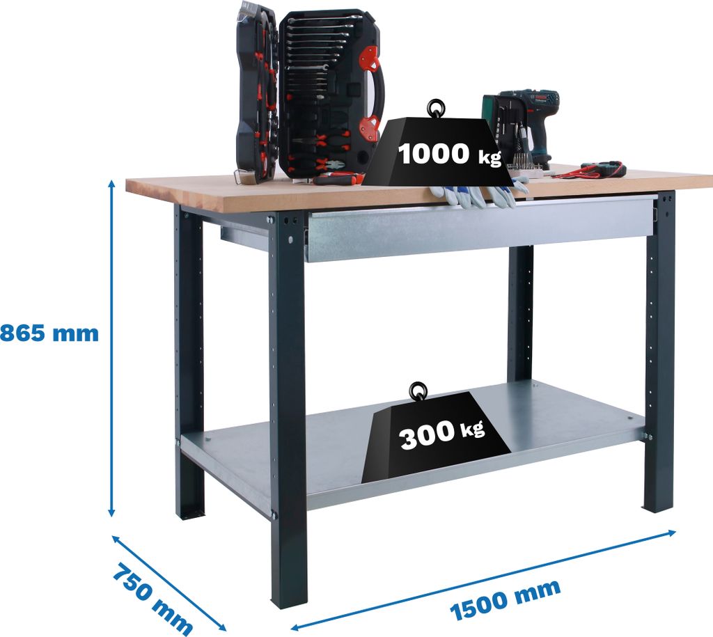 Werkbank mit Parasicherungen SIMONWORK BT6L PRO LAMINATE 1BOX 1500 ANTHRAZIT/HA