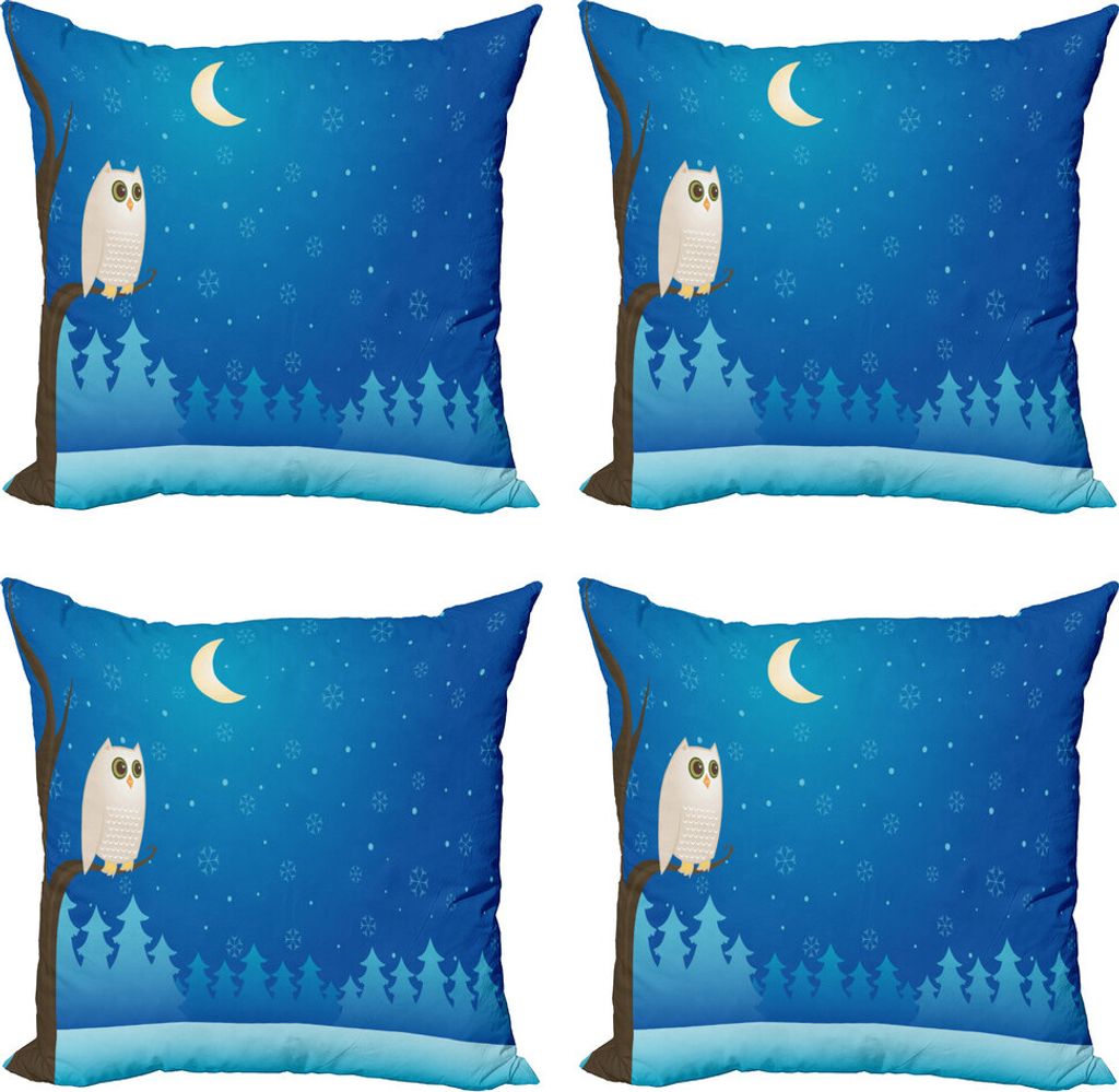 ABAKUHAUS Snowy-Bäume Kissenbezug Set (4 Stück), Eule auf Baumzweig Kunst, Moderner Doppelseitiger Digitaldruck, 50 cm x 50 cm, Sky Blue Sea Blue