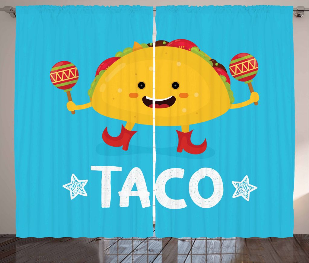 ABAKUHAUS Mexikaner Rustikaler Gardine, Tanzen Lustige Taco-Karikatur, Schlafzimmer Kräuselband Vorhang mit Schlaufen und Haken, 280 x 245 cm, Erd...