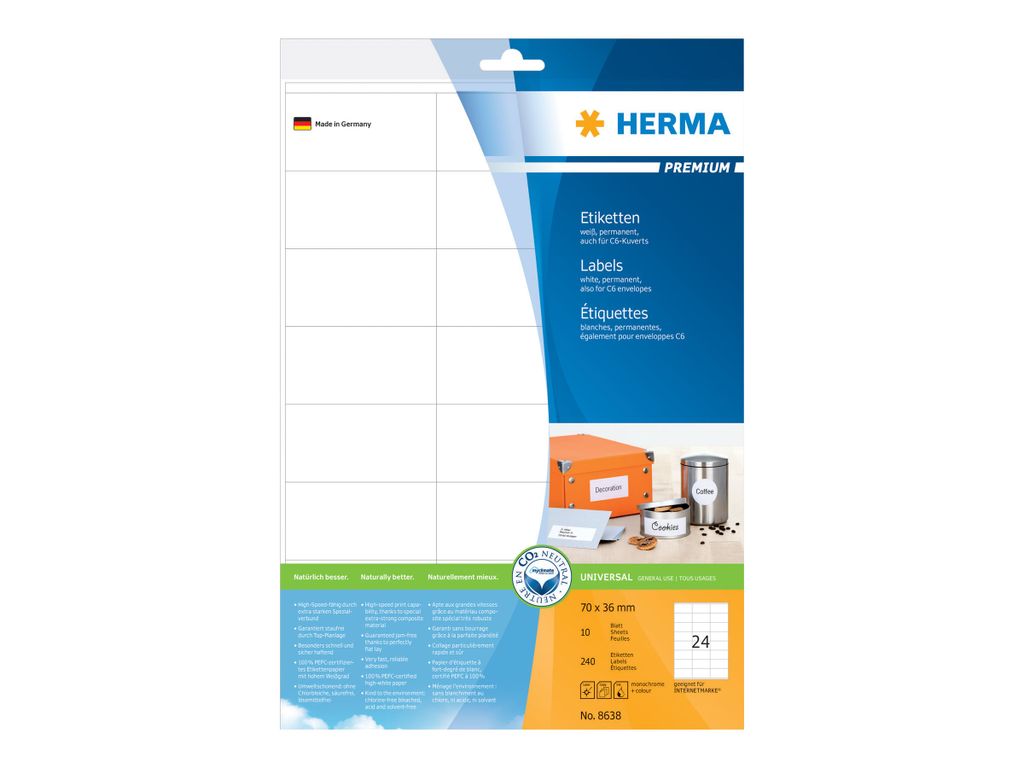 HERMA Etichette Premium A4 carta bianca 70x36 mm 240 pz. Immagine del prodotto 