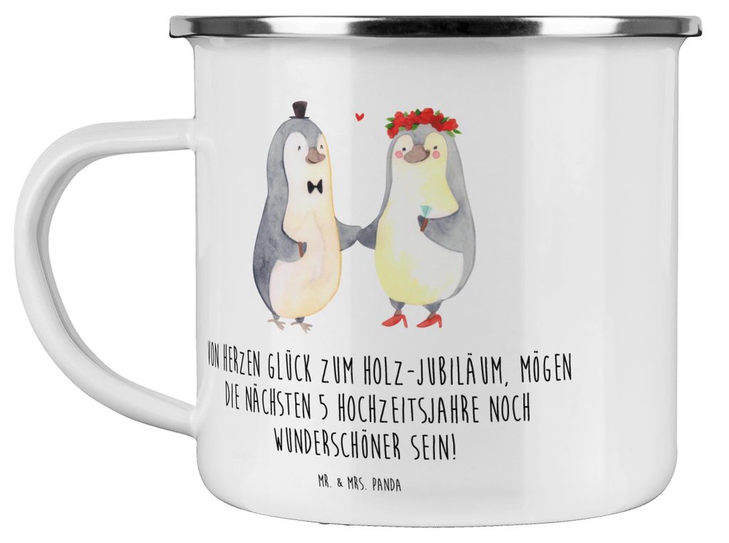 Mr. & Mrs. Panda Emaille Tasse 5. Hochzeitstag Holzhochzeit - Transparent - Geschenk, Campingbecher, Haferl, Heiraten, romantisch, Geschenke, Pott,...