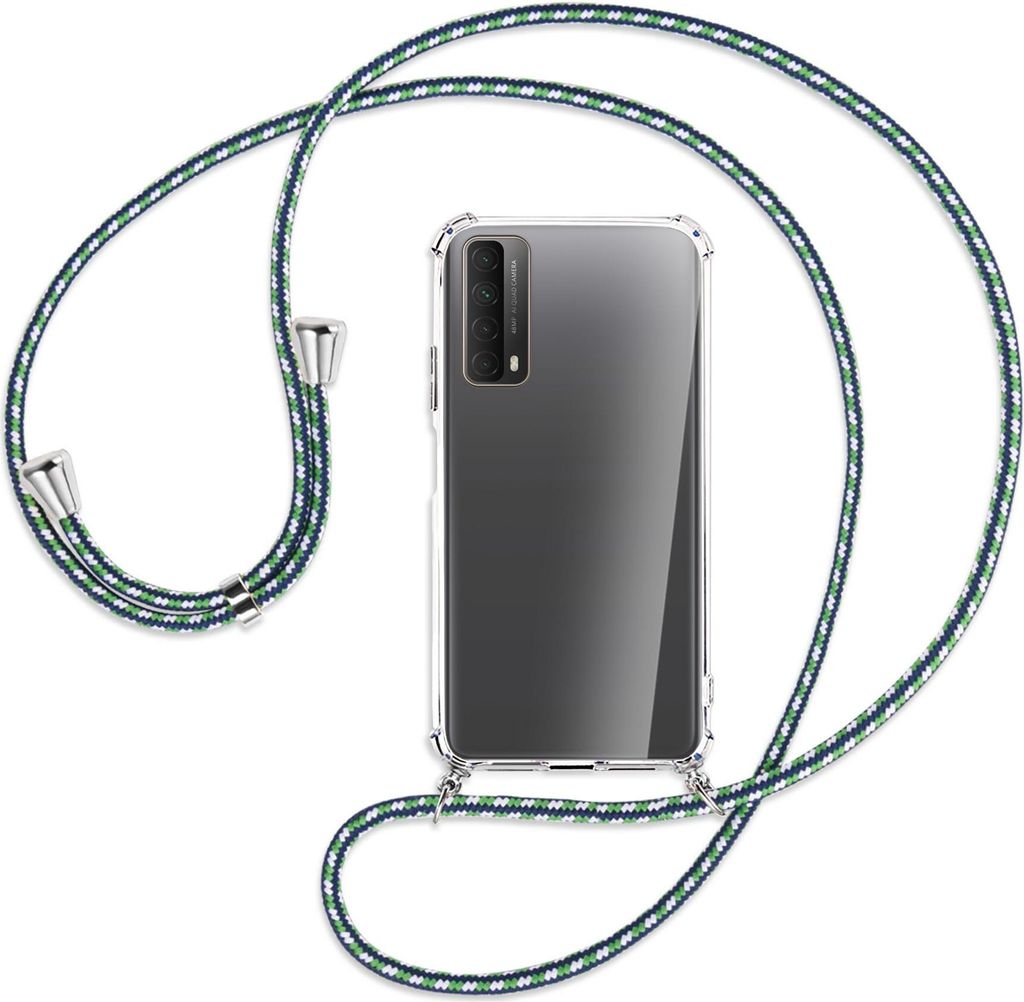Handykette Backcover-Schutzhülle mit Band (Metall silberfarben) für Huawei P smart 2021 - grün/blau/weiß