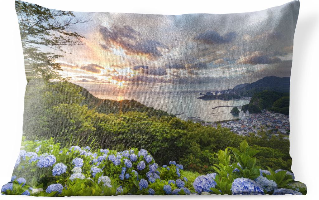MuchoWow Outdoor Kissen - Sonnenuntergang mit Hortensien - 50x30 cm - Wetterfest - Lounge Kissen - Sofa kissen - Wohnzimmer Dekoration