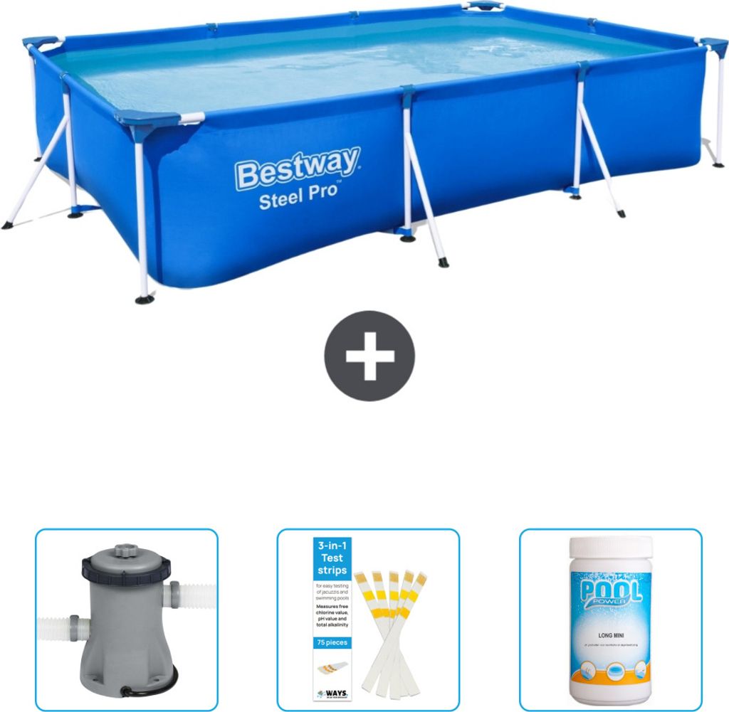 Bestway rechteckiger Steel Pro-Schwimmbecken – 300 x 201 x 66 cm – Blau – im Lieferumfang enthalten Pumpe - Teststreifen - Chlor