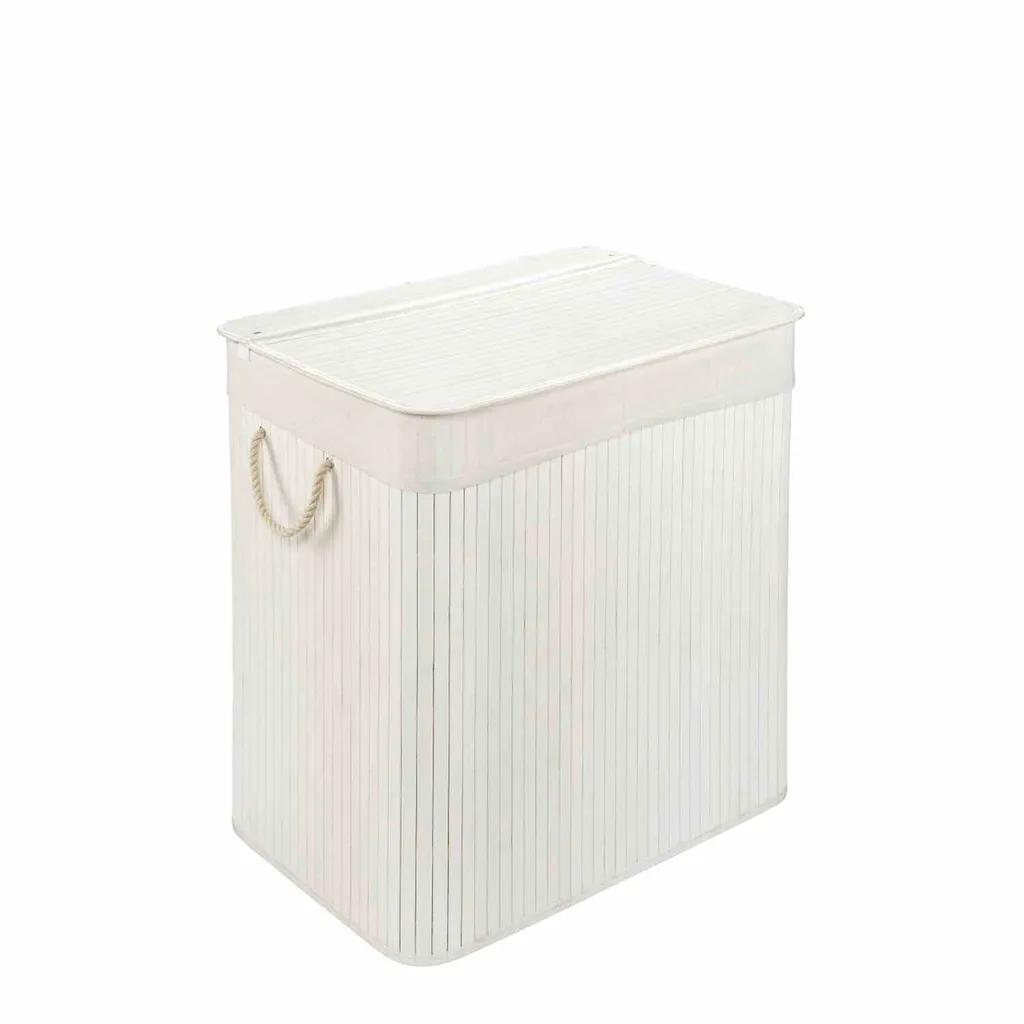 Bac à Linge Double Compartiment en Bambou 150L - Coffre de Rangement Blanc