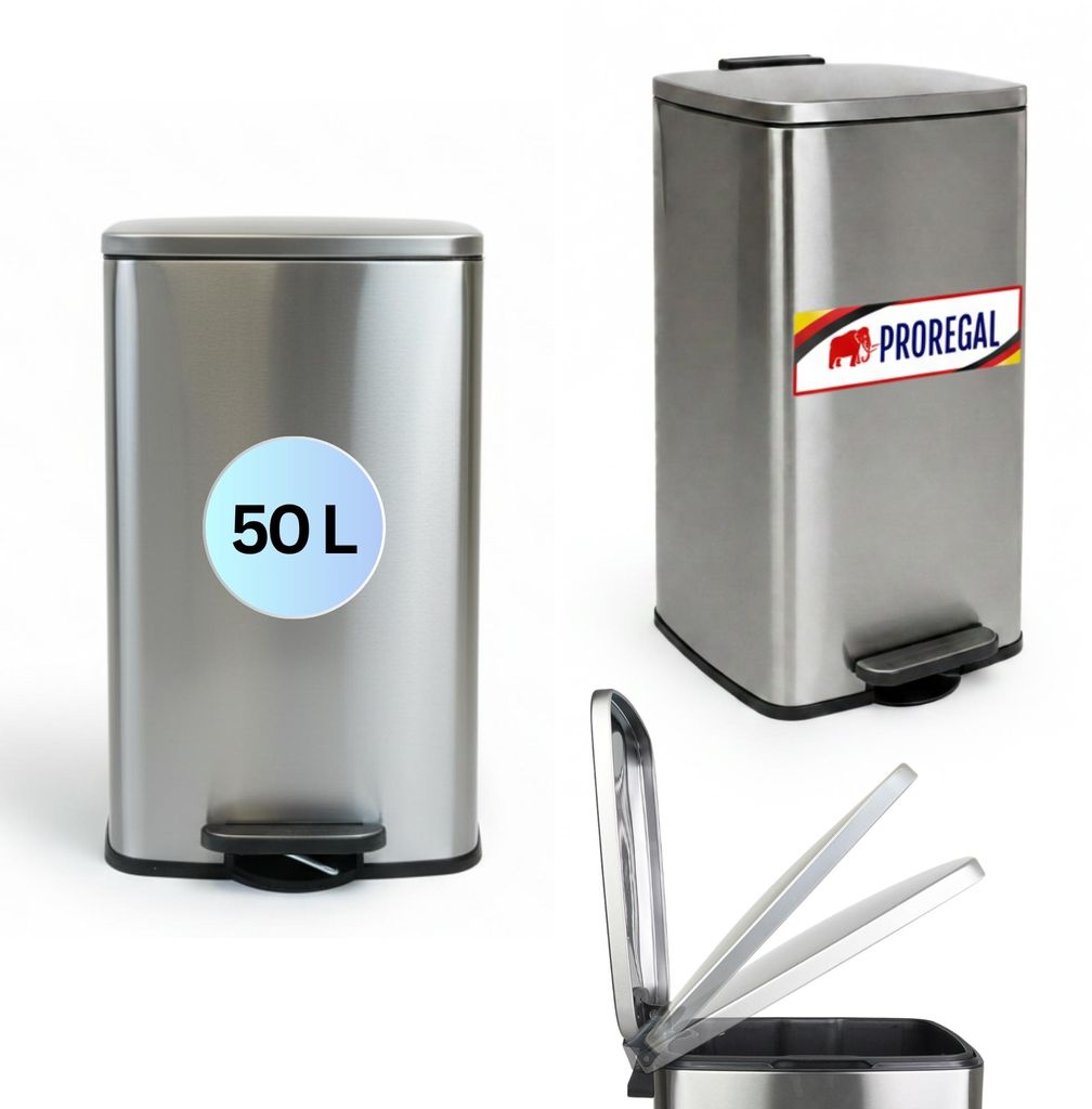 Mülleimer Küche Bad | 50 Liter | mit Softclose & Stay-Open Deckel, Fußpedal & Inneneimer | Stahl | HxBxT 67,5x41,5x49cm | Silber | Abfalleimer, ...