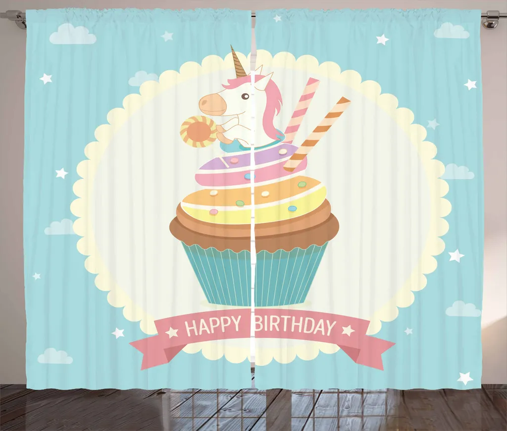 ABAKUHAUS Unicorn Party Tenda rustica, Fairy Cake, Tenda con passanti e ganci per camera da letto, 280 x 175 cm, multicolore