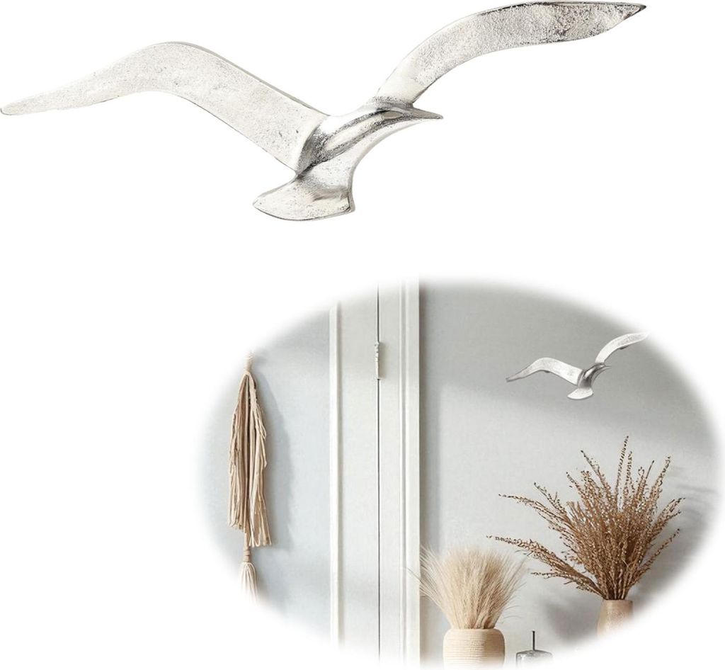 LS-LebenStil Wand-Deko Vogel 35cm Möwe Silber Alu Maritim Wand-Objekt Wand-Hänger Deko-Figur Wohn- Schlaf- Badezimmer Flur Dekoration zum Aufhängen