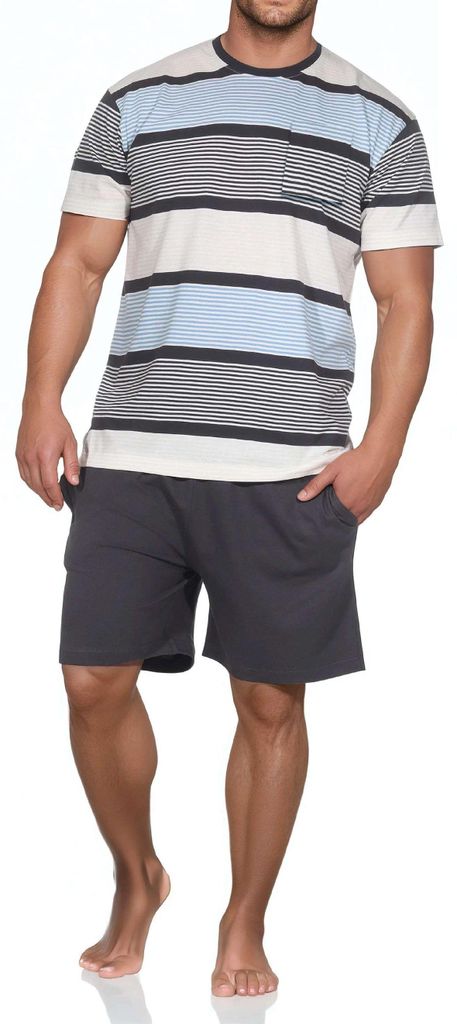 Normann Herren Schlafanzug kurzarm Shorty in eleganter Streifenoptik - auch in Übergröße ; blau1 , 52