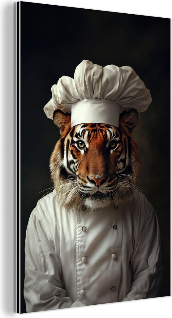 MuchoWow Wanddekoration Metall Metallbild Wandkunst 100x150 cm Tiger - Kochbekleidung - Braun MuchoWow Aluminium Gemälde - Bild