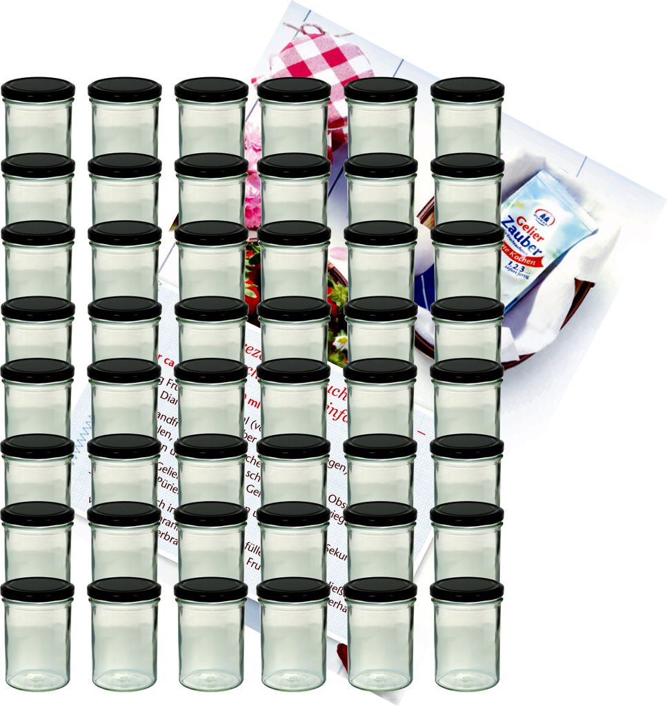 A large set of glass jars with black lids, arranged in stacks, with a recipe booklet in the background.