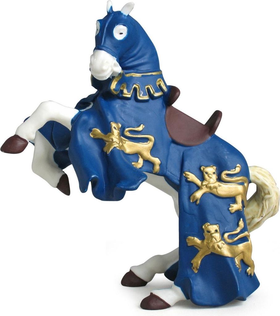 A toy horse figure dressed in blue and gold armor, standing on its hind legs.