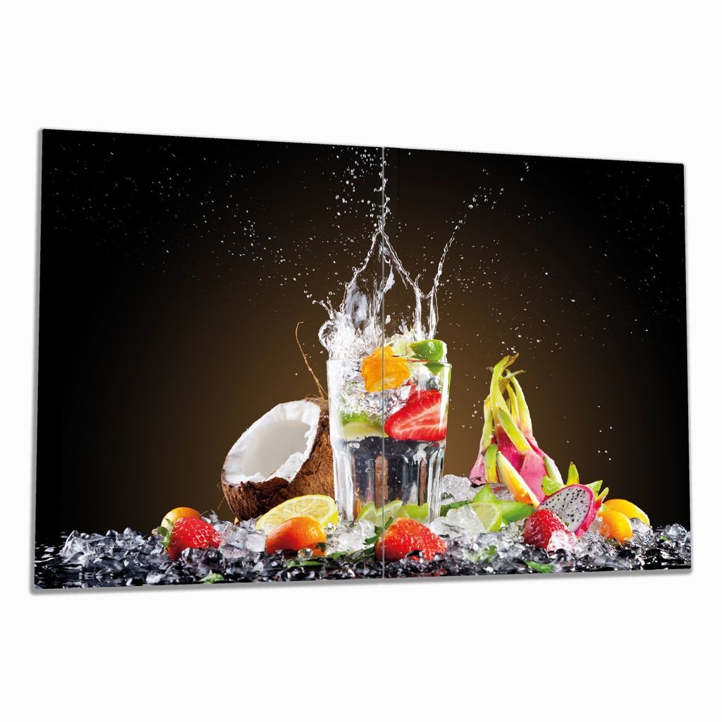 Wallario Herdabdeckplatte aus Glas, Größe 80 x 52 cm 2-teilig, Motiv Tropische Früchte in einem erfrischenden Drink