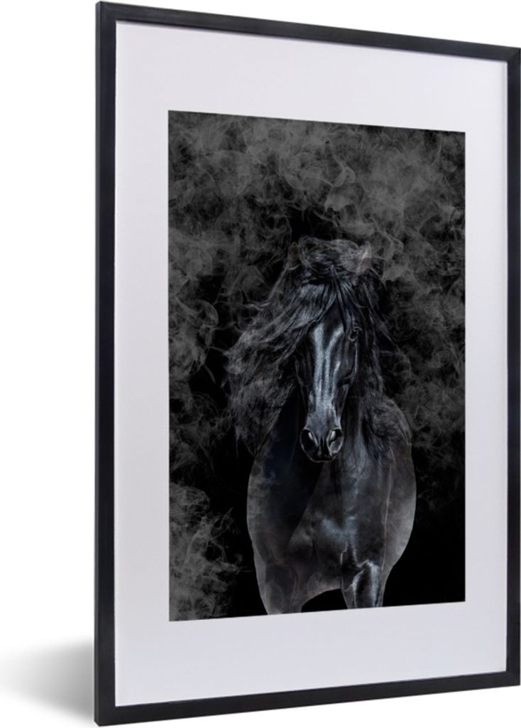 MuchoWow MuchoWow Gerahmtes Poster Pferd - Schwarz - Smoke 40x60 cm - Poster mit zchwarzem Bilderrahmen - Poster in Rahmen