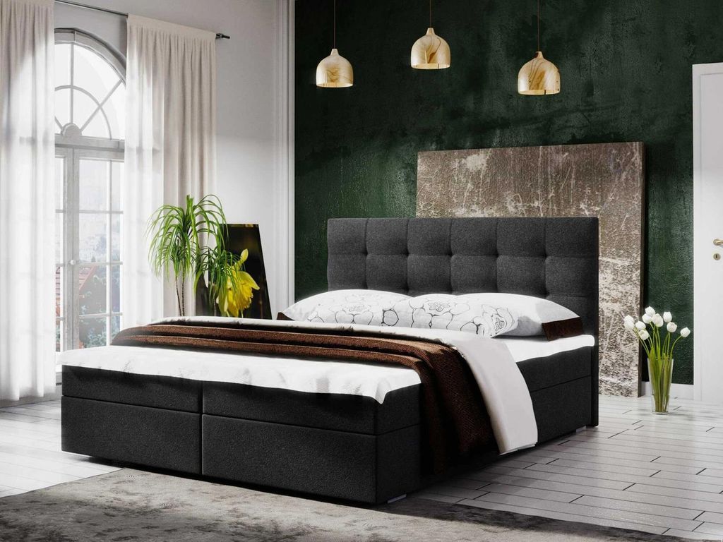 Boxspringbett Flint 180x200 cm schwarz – Skandinavisches Kontinentalbett mit Bonellfederkernmatratze und gestepptem Kopfteil