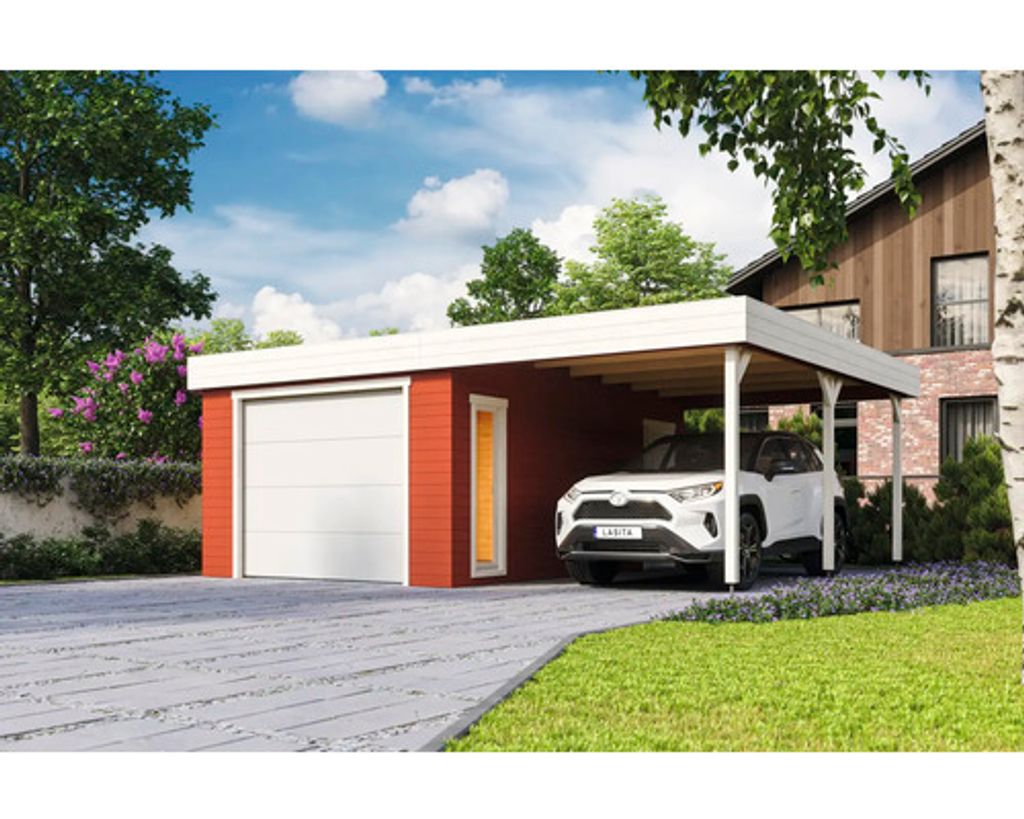 Lasita Maja Gartenhaus / Gerätehaus / Garage Bahamas Set Mit Sektionaltor Schwedenrot - Neu!, Farbe:schwedenrot, Dachform:Pultdach