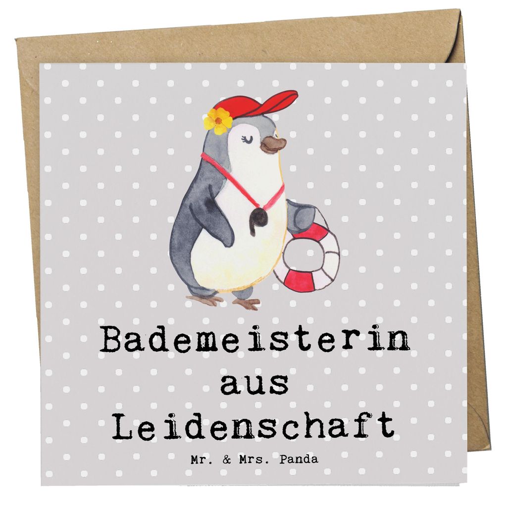 Mr. & Mrs. Panda Glückwunschkarte Bademeisterin Leidenschaft - Grau Pastell - Geschenk, Spruch, Freibad, Schwimmbad, anlasskarte, Grußkarte, Klap...
