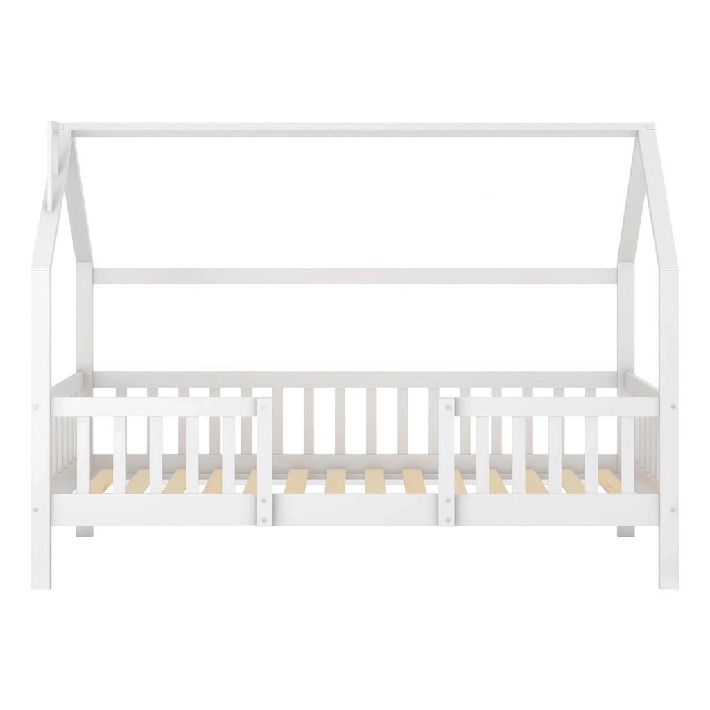 Kinderbett mit Schornstein Robuste Lattenroste Kiefernholz Haus Bett ohne Matratze 90 x 200cm Weiß