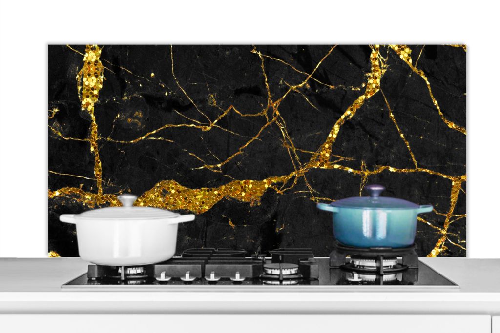 KitchenYeah Spritzschutz Küche - Küchenrückwand - Wandschutz für Herd und Spüle - Marmor - Gold - Schwarz - Marmoroptik - Luxus - Glitzer 12...
