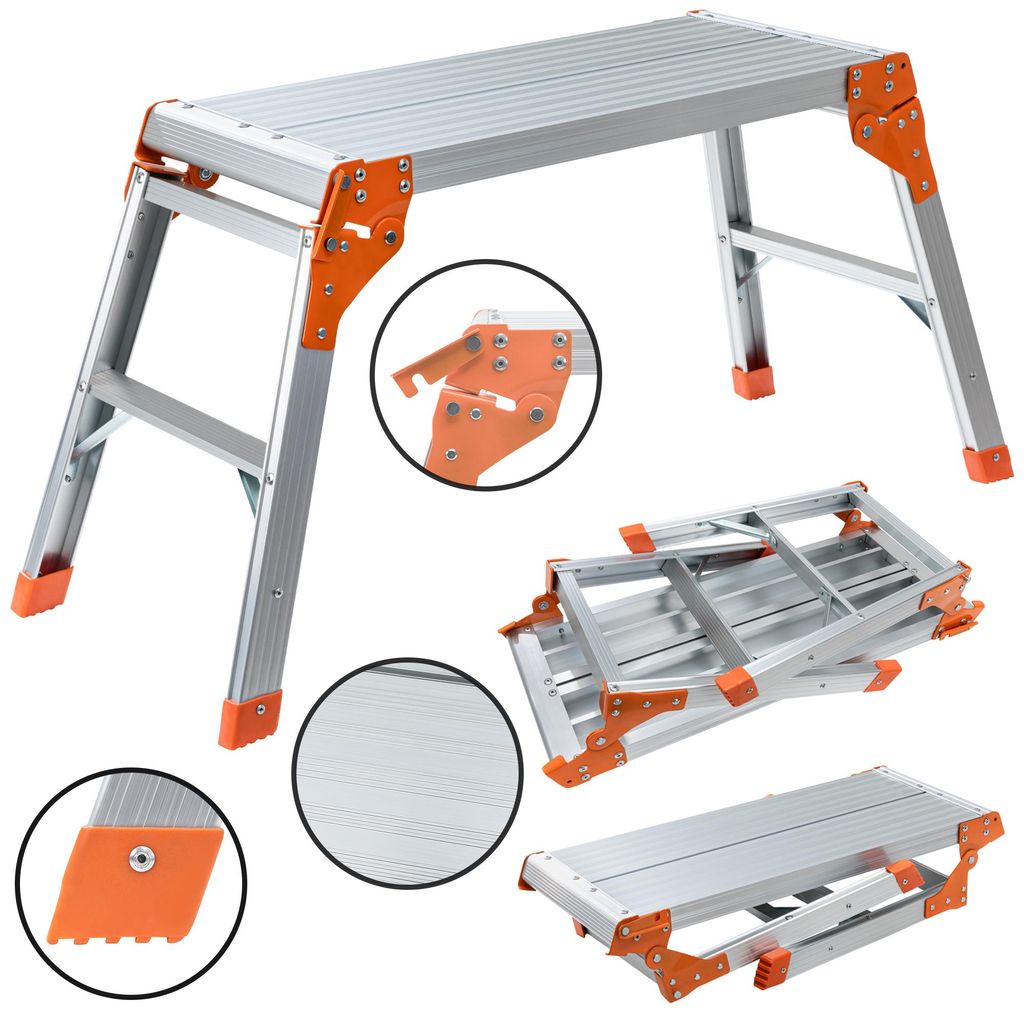 Craftfull Arbeitsplattform CF-107A | Arbeitsbühne - Klappbar - Anti-Rutsch - Aluminium - Mobil - Klappwerkbank - Podest - 150 kg (Silber/Orange)