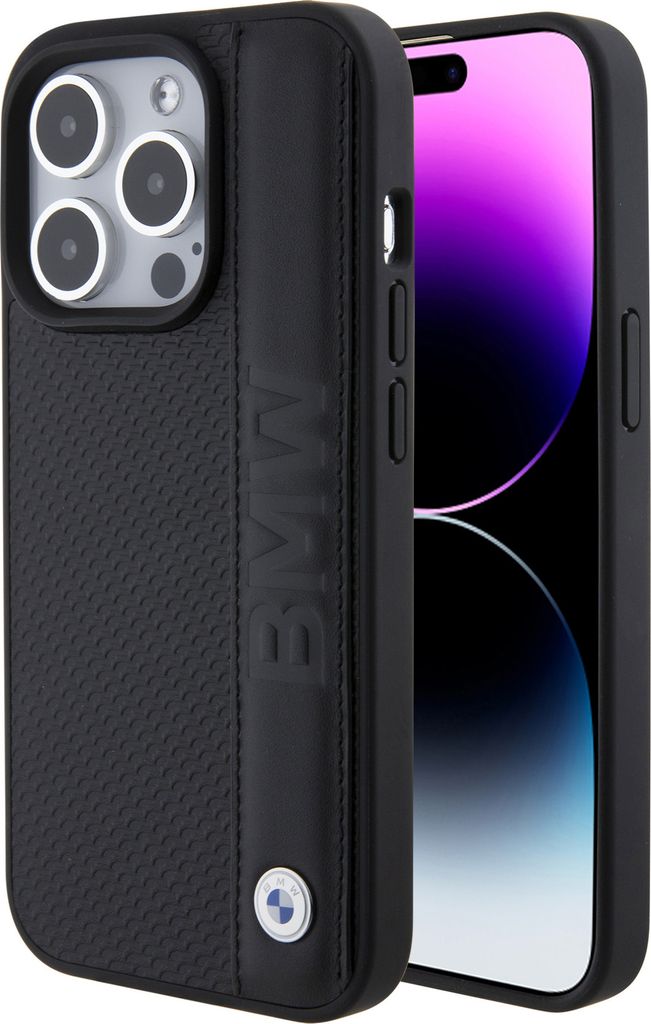 BMW Lederhülle mit Textur und Streifen für iPhone 15 Pro Schwarz Handyhülle