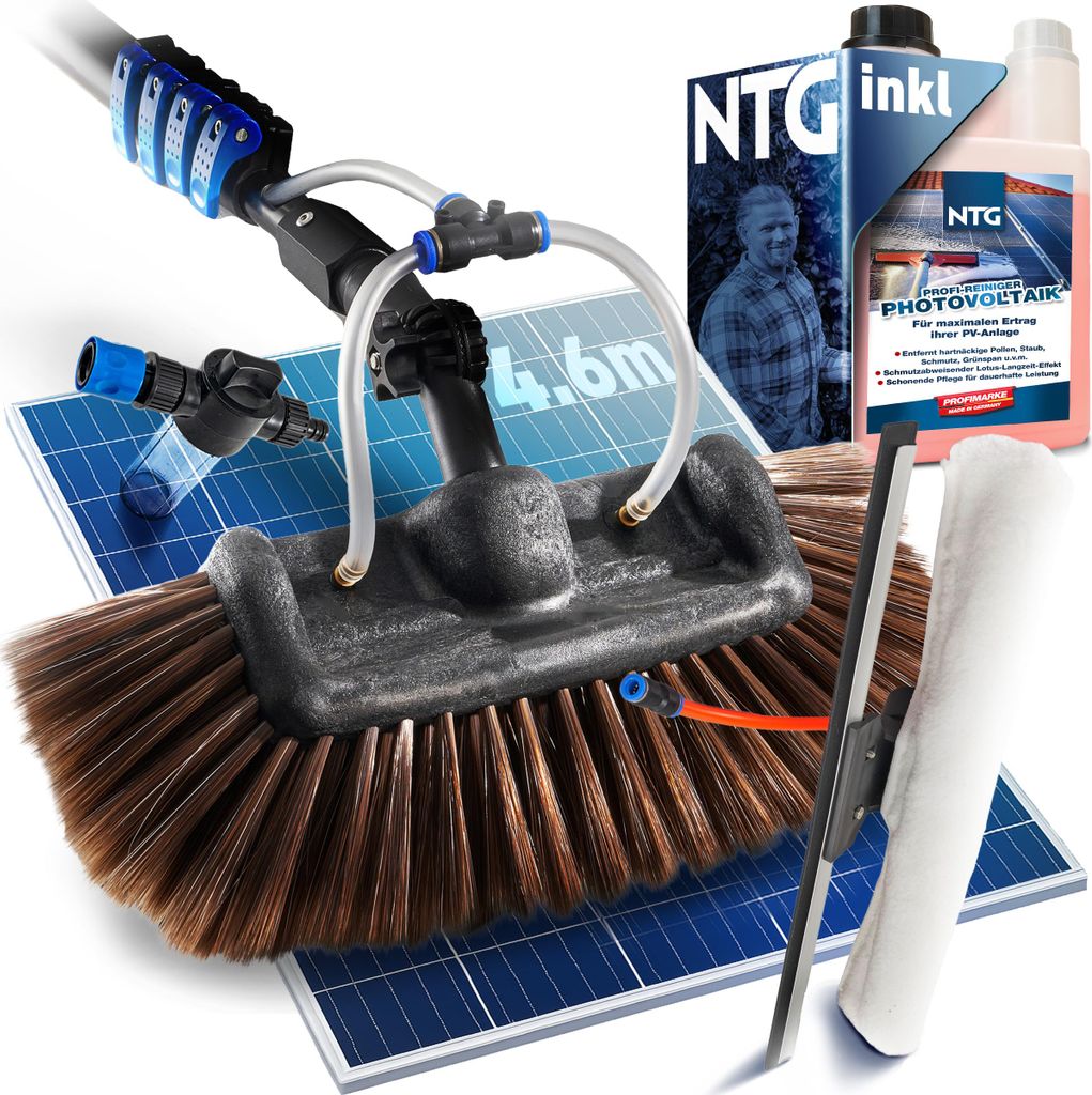 NTG Teleskopwaschbürste Pro bis 4,6 Meter mit weichen Borsten und Fensterabzieher zur Reinigung von Autos, Solaranlagen und Fenstern in Ausführun...