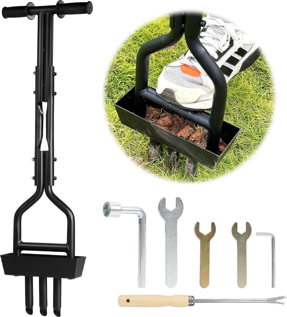 lalago Rasenlüfter, 97 cm, manueller Vertikutierer, mit Ablage und Gartenwerkzeugen, Rasenbelüfter, Handrasenholzpecker, Garten für Rasen oder I...